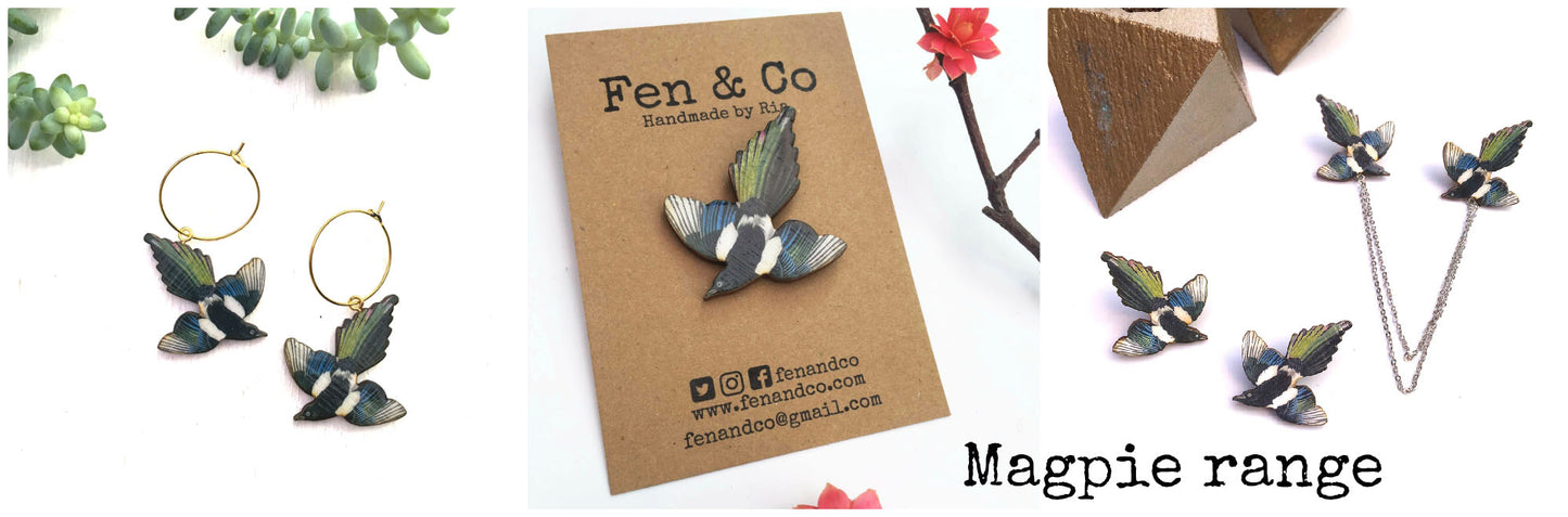 Hand painted Magpie stud earrings