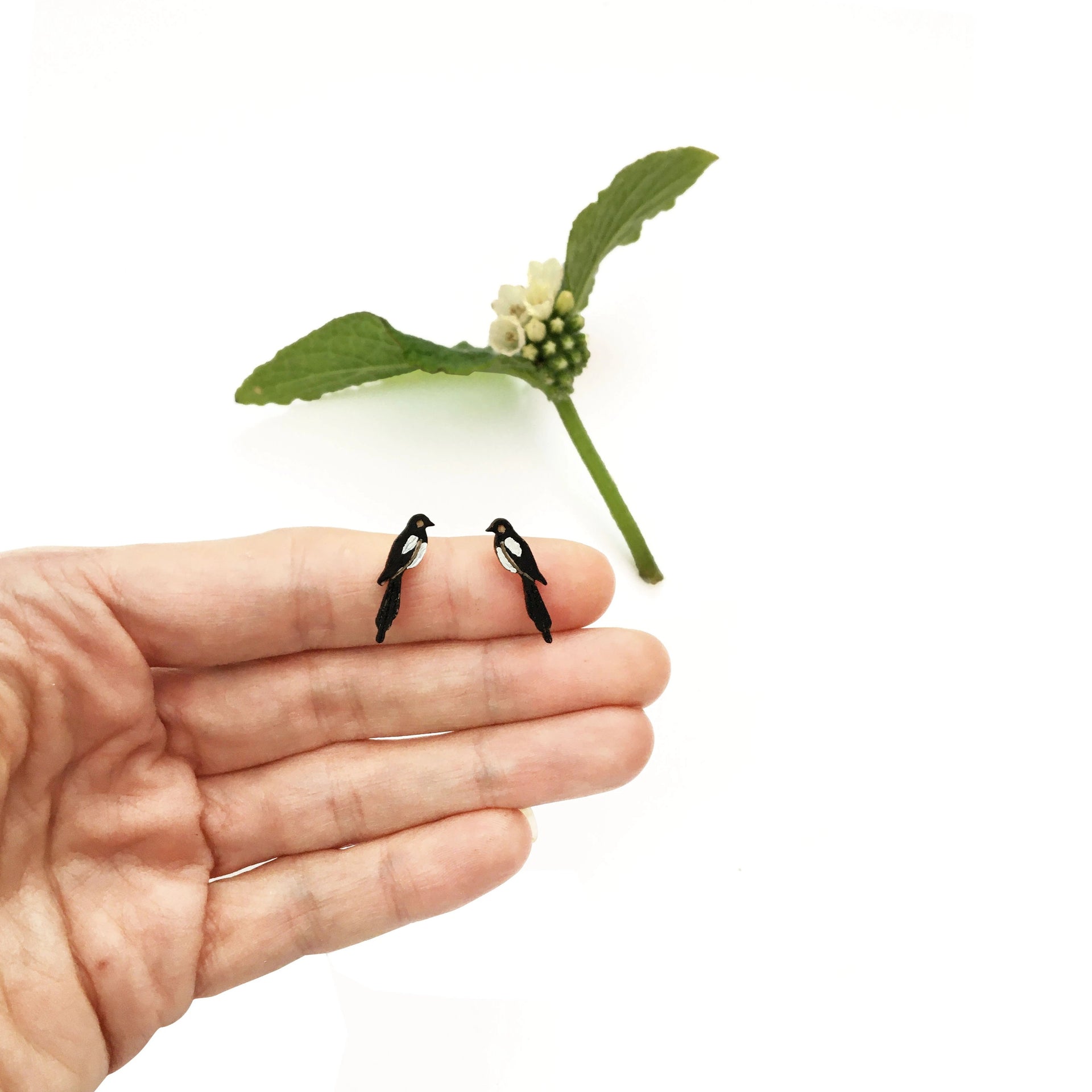 Hand painted Magpie stud earrings