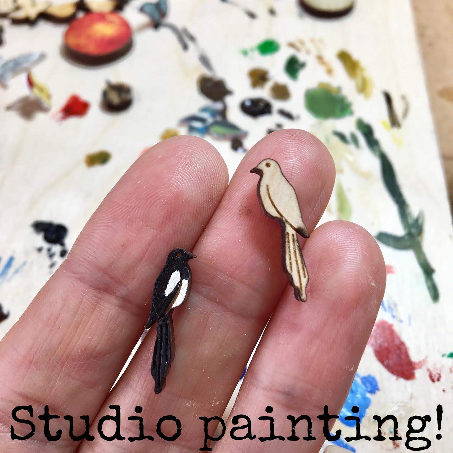 Hand painted Magpie stud earrings